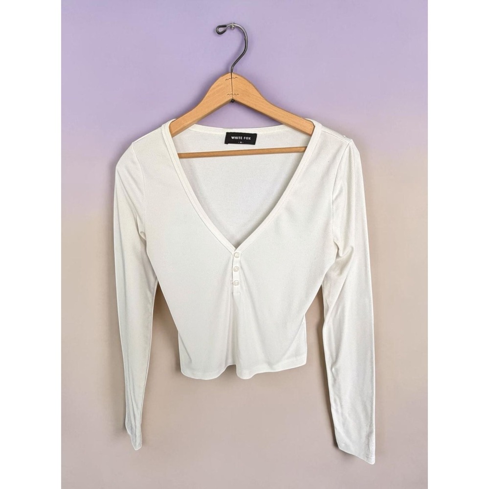 White Fox Boutique White Ribbed Long Sleeve Henley Top Size M